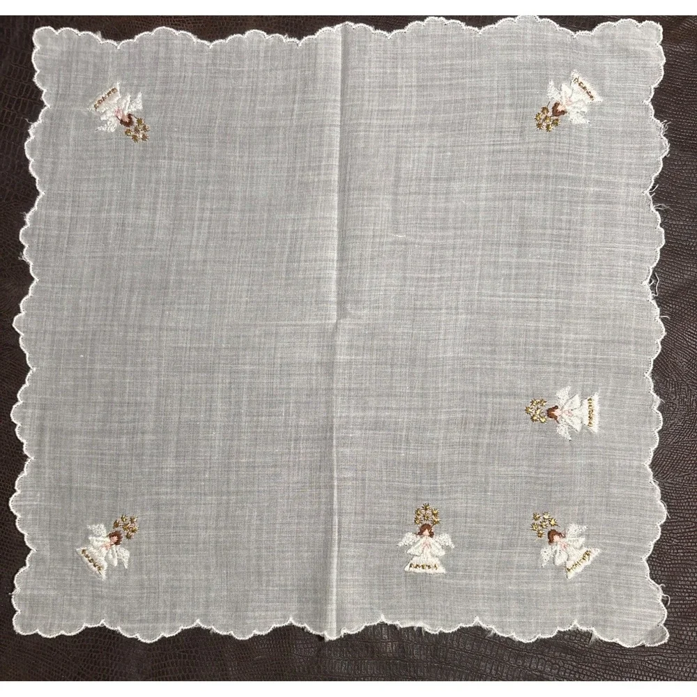 Embroidered White Linen Angel Handkerchief Scalloped Edge